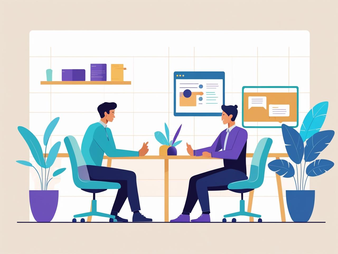 Minimal flat illustration of a 1:1 meeting for developers